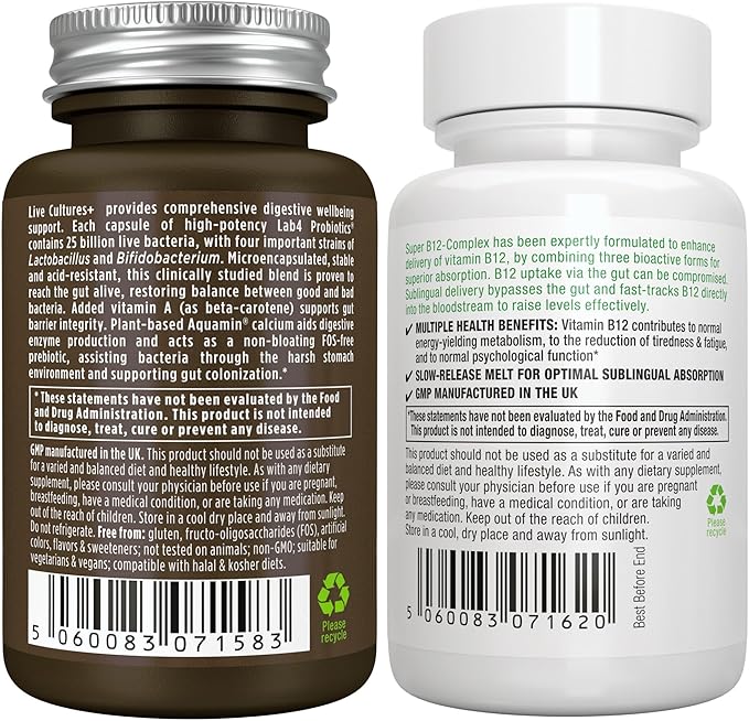 Live Cultures+ Lab4 Probiotics + Super B12-Complex Vegan Bundle 25 Billion CFU Lactobacillus Acidophilus and Bifidobacterium + High Absorption Sublingual B12 by Igennus