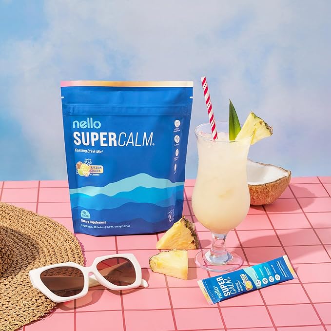 Nello Supercalm Powdered Drink Mix Cortisol Reducer* and Sleep Aid Supplement L Theanine Ksm-66 Ashwagandha Magnesium Glycinate Vitamin D 3 No Sugar Non GMO On The Go 20 Ct Passion Colada