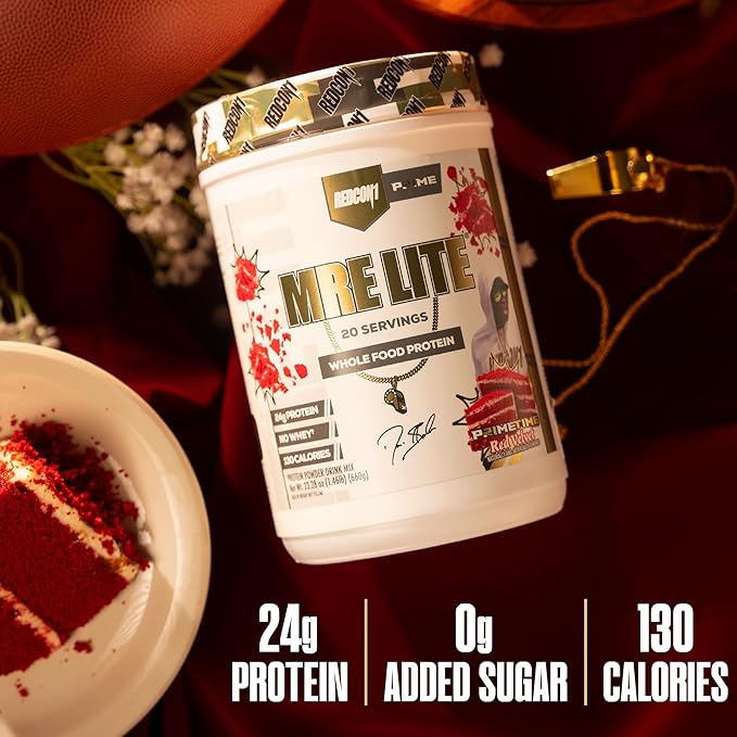 REDCON1 Whole Food Animal Protein Powder - Coach Prime MRE Lite Protein Powder - Low Carb with No Whey - 24g Protein - Prime Time Red Velvet (20 Servings)