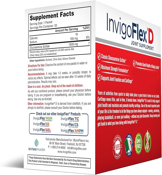 INVIGOFLEX® D - 1500mg of Glucosamine Sulfate Powder (Classic Formulation) - Premium Joint Supplement for Knees Hands Back and Hip Support Packets | 30 Packets