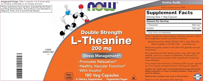 NOW Foods L-Theanine Double Strength 200 mg Per Cap - 180 Veg Capsules - Enhanced with 100mg Inositol - Vegetarian Non-GMO - Ltheanine 200mg Supplement