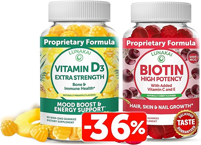 Lunakai Biotin and Vitamin D3 Gummies Bundle - Hair Skin and Nails Growth Gummies with Vitamin C and E - Immunity Bone and Mood Support Supplement - 30 Days Supply