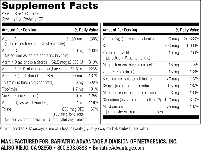 Bariatric Advantage High ADEK Multi - for Bariatric Surgery Patients - Multivitamin with Vitamins A D E K &amp Trace Minerals - 100%+ DV of ADEK - 60 Capsules