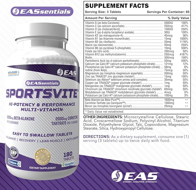 EAS SportsVite High Potency Multivitamin for Athletes | Vitamin &amp Mineral Nutrient Blend | 2300mg Beta Alanine 2000mg Carnitine Tartrate | 180 Tablets