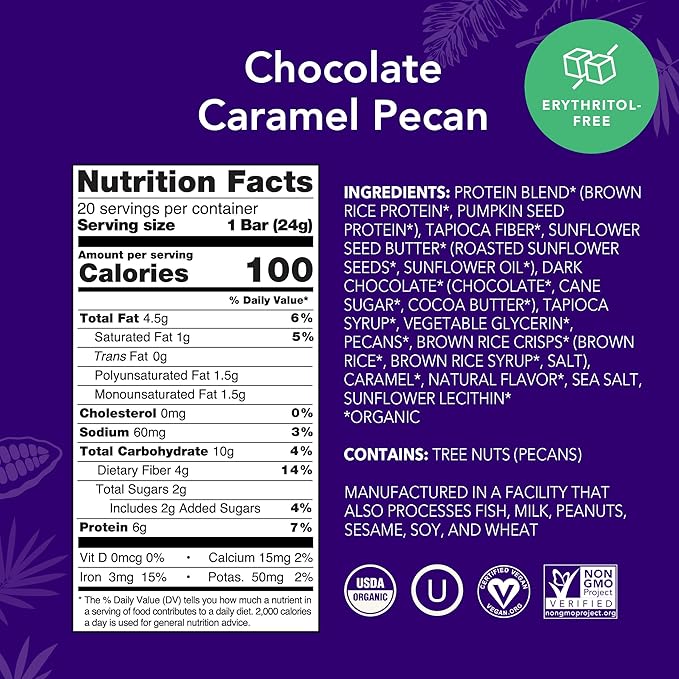 ALOHA Organic Plant Based Protein Bar MINIS | Caramel Chocolate Pecan | GLP-1 Friendly 20 Count 24g Bars | Vegan Low Sugar Gluten Free Low Carb Non-GMO No Stevia No Soy No Sugar Alcohols