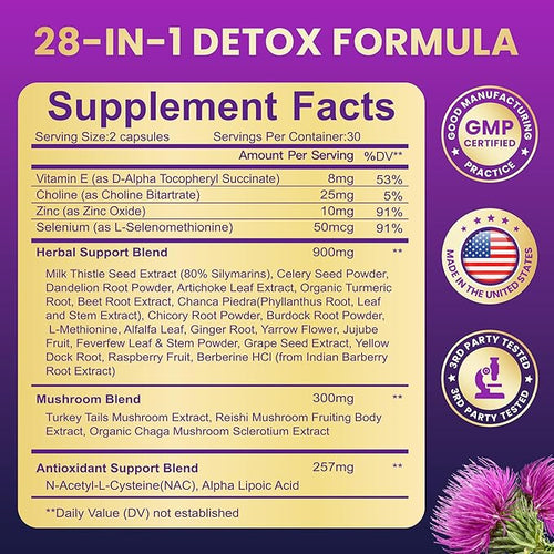 28-in-1 Liver Cleanse Detox &amp Repair - 1500mg Liver Health Support with Milk Thistle Dandelion Root Artichoke Extract and 20+ Herbal Liver Support Supplements - Made in USA - 60 Capsules
