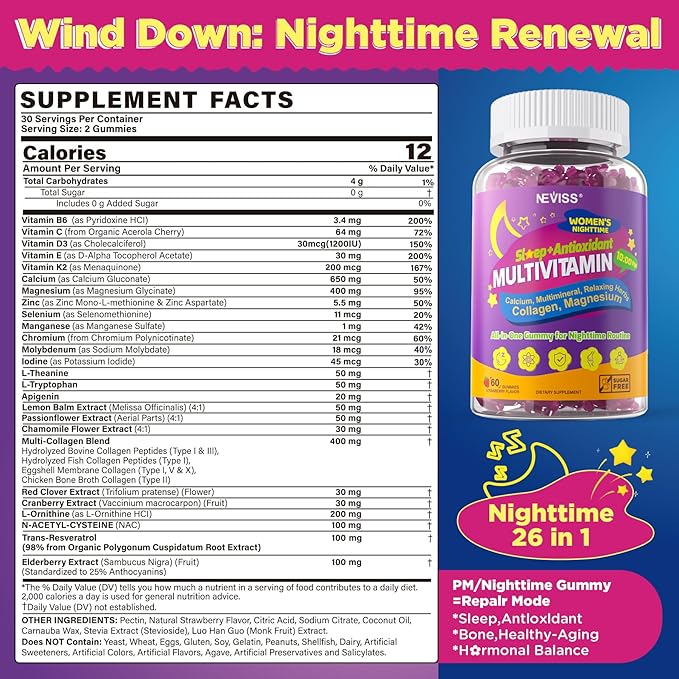 NEVISS Multivitamin for Women Gummies with Magnesium Glycinate Calcium D3 K2 Collagen Gummy for Nighttime Renewal/Sleep Antioxidant Relax Bone Womens 18 30 40 50 60 70+ PM Daily Vitamins 26 in 1