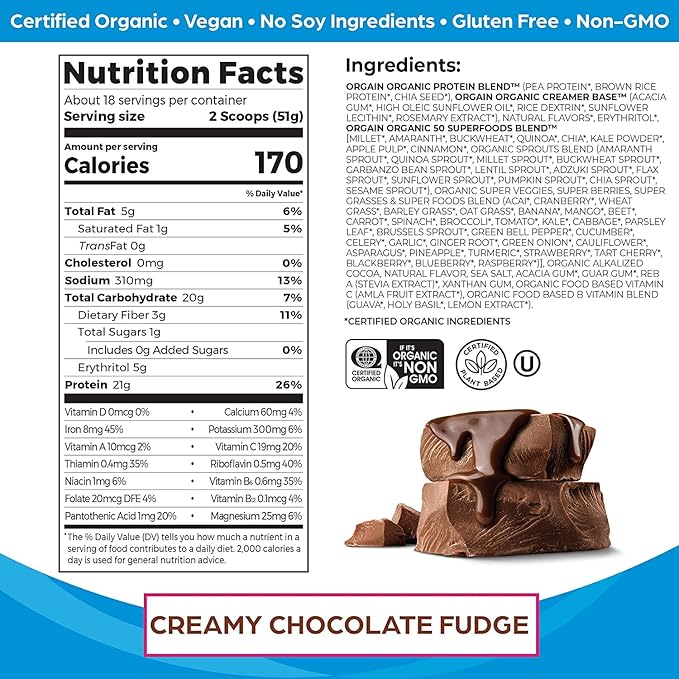 Orgain Organic Protein + Superfoods Powder Creamy Chocolate Fudge (2.02 Lb) and Orgain Organic Vegan Protein Powder Vanilla Bean (2.03 Lb)