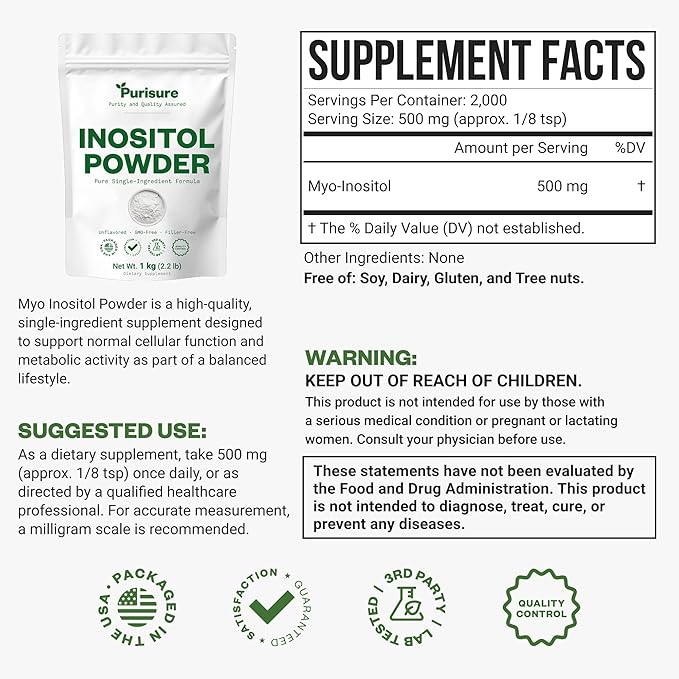Purisure Inositol Powder 1 kg Fertility Hormonal Balance and Ovarian Support Pure Inositol Powder Inositol Supplement to Support Energy and Brain Wellness Vegan Non-GMO 2000 Servings