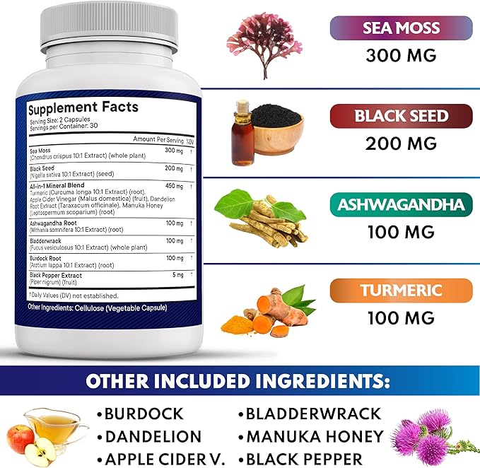 NEW AGE Sea Moss Black Seed Oil Ashwagandha Turmeric Bladderwrack Burdock - with Manuka Honey Dandelion ACV Black Pepper Gluten Free