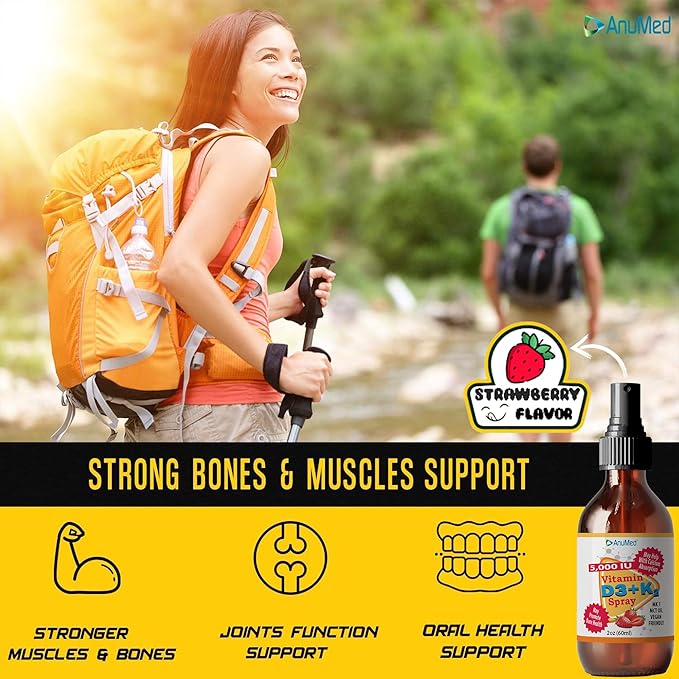 Vitamin D3 K2 5000 IU Liquid Spray with Organic MCT Oil Vitamin A (Retinol) 1250mcg K2 (MK4 MK7) Promotes Heart Bones Immune System. 100% Vegan Non-GMO No Sugar Added (2oz) (Strawberry)