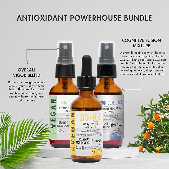Bone Support Bundle Liquid Spray - Iron Bisglycinate Complex Zinc Picolinate Vitamin D3 &amp K2 - Complete Multivitamin - Plant- Based Non-GMO Gluten Free Sugar Free 2 Fl Oz (360 Days Supply)