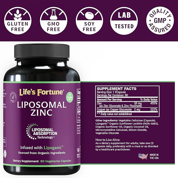 Liposomal Pure Zinc Picolinate Supplement with Copper Immune Support Metabolism and Skin Health | High Potency for Adults Men &amp Women | Powerful Antioxidant | 90 Capsules
