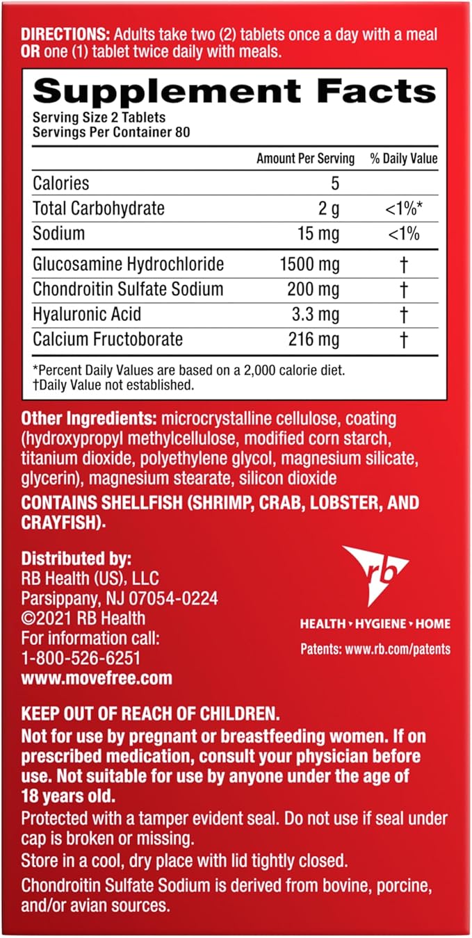 Move Free Advanced Glucosamine Chondroitin + Calcium Fructoborate Joint Support Supplement Supports Mobility Comfort Strength Flexibility &amp Bone - 160 Tablets (80 servings)*