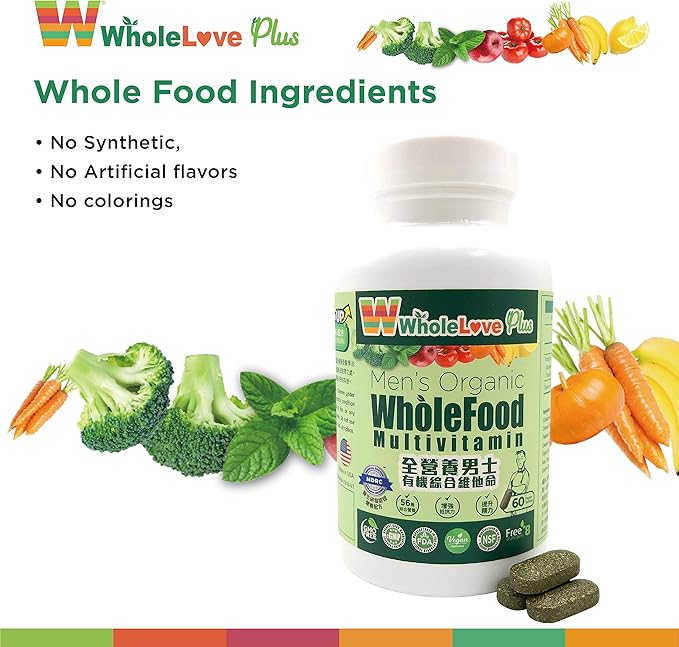 NOTO WholeLove Plus Men's Organic WholeFood Multivitamin Health Supplements for Immune Support Vitamin Vegan Friendly 60 Tables