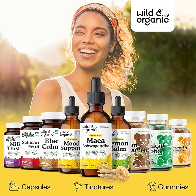 Wild &amp Organic Maca Ashwagandha Drops for Men and Women - Peruvian Maca Root and Ashwagandha Tincture for Overall Support - Vegan Sugar &amp Alcohol-Free Extract Supplement - 2 fl oz