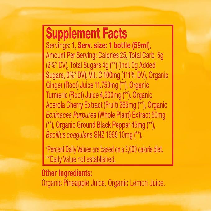 Vive Organic Immune Support Shot Cold-Pressed Ginger Turmeric &amp Echinacea Gluten Free Vegan Immunity Boost Original 2 Fl Oz (Pack of 12)