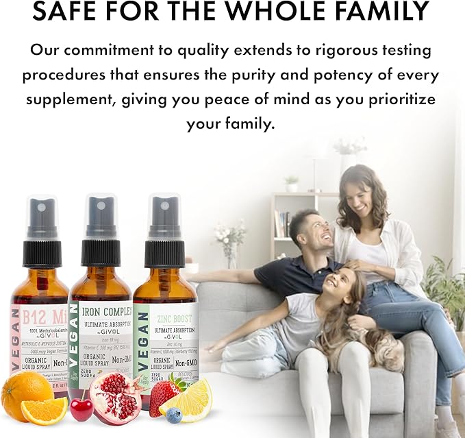 Iron Support Spray Bundle Liquid Vitamin B12 Methylcobalamin Zinc Picolinate and Bisglycinate | Non-GMO Gluten-Free Sugar-Free Iron Supplement | 2 Fl Oz Each | 360 Days Supply