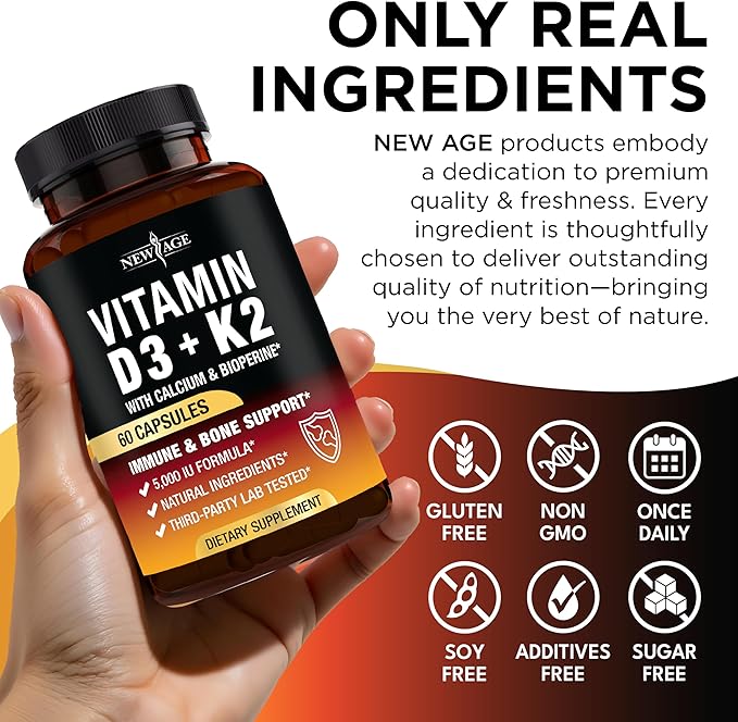 NEW AGE Vitamin D3 5000 IU + K2 MK-7 100 mcg - 2-in-1 Bone Immune &amp Heart Support Easy to Swallow Non-GMO - 180 Capsules