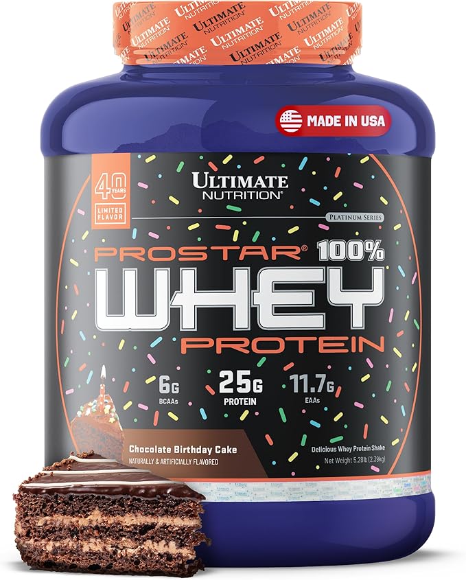 Ultimate Nutrition Prostar Whey Protein Powder Isolate Chocolate Birthday Cake - Low Carb High Protein Powder Shake for Muscle Gain &amp Recovery - Low Sodium Low-Fat &amp Keto Friendly - 5.28 lb