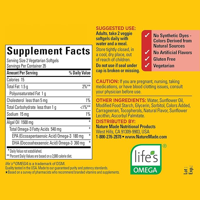 Nature Made Algae Oil Omega 3 Supplement 540mg Omega 3 Fish Oil Alternative 70 Veggie Softgels Sustainable Plant-Based for Healthy Heart Brain and Eye Support 70 Softgels(Pack of 2)