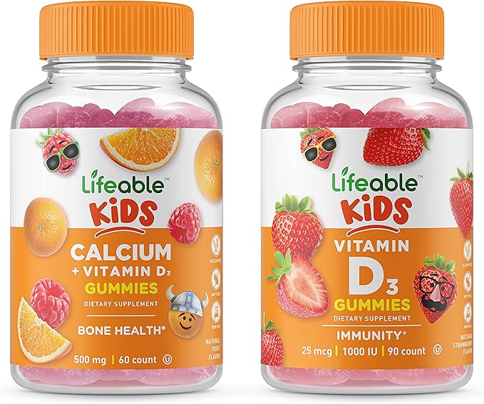 Lifeable Calcium with Vitamin D Kids + Vitamin D Kids Gummies Bundle - Great Tasting Vitamin Supplement Gluten Free GMO Free Chewable Gummy