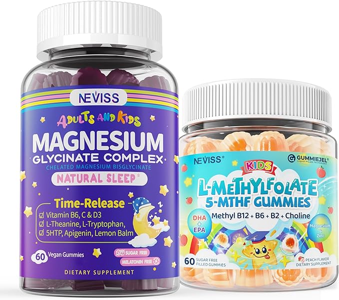 Magnesium Glycinate Gummies Magnesium Bisglycinate Supplement for Sleep &amp Relaxation +Kids L-Methylfolate Gummies Active 5-MTHF + Methyl B12 Vitamin B6 B2 Choline Vegan Omega 3