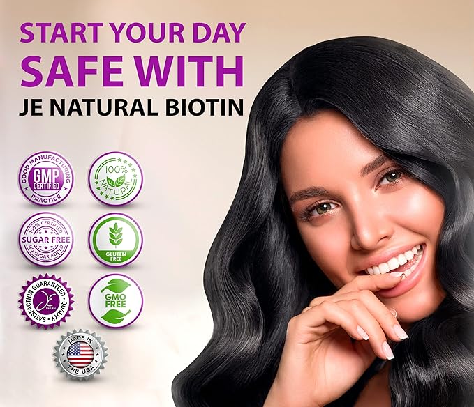 JE Natural Biotin Hair Skin and Nails Vitamins Vitamin C Biotin and Collagen Supplements That Make Hair Grow Faster and Longer for All Ages 60 Capsules of Biotin 20000mcg Maximum Strength.