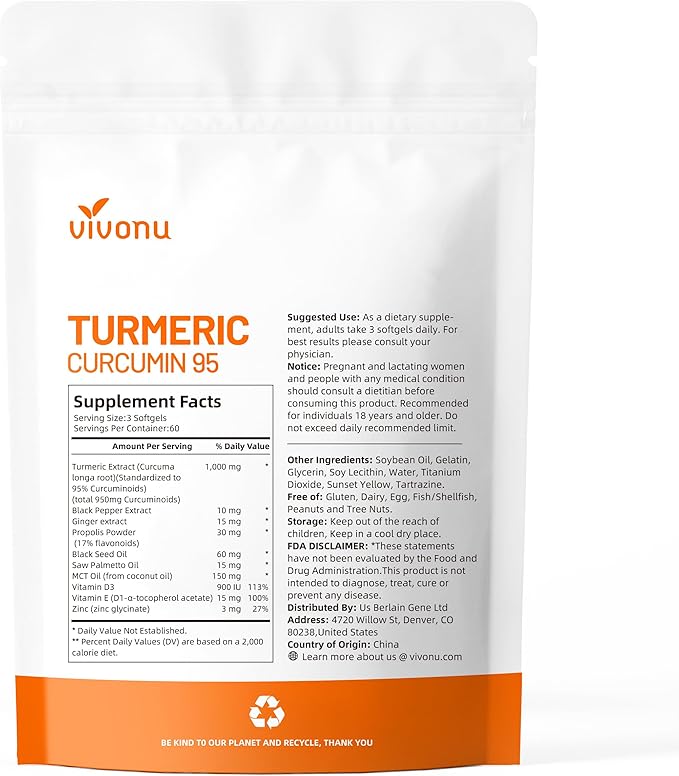 10-in-1 Turmeric Supplement Softgels 95% Curcumin for 1000mg Made Mct Oil 60-Day Supply with Black Pepper Ginger Propolis Powder Black Seed Oil Saw Palmetto Oil Zinc Vitamin D3 E More 2 Bag