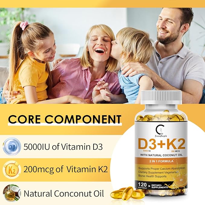 Vitamin D3 K2 Supplement with Vitamin D3 5000 IU 200 mcg Vitamin K2 MK-7 &amp Natural Coconut Oil Plant Based 2-1 Formula for Bone Teeth Muscle and Immune Health Support (120 Count (Pack of 2))