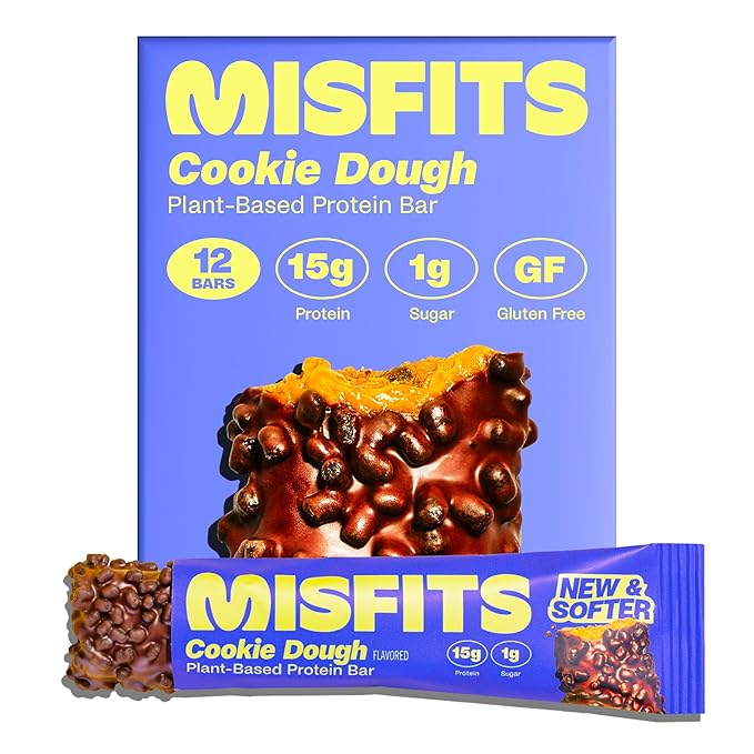 Misfits Vegan Protein Bars - Chewy Cookie Dough | Nutrition Bars - 15g Protein 1g Sugar Plant-based Low Carb Non-GMO Gluten Free Snacks | Pack of 12
