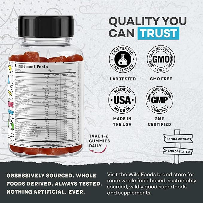 Wild Foods Kids Multivitamin Gummies – Natural Skin Immune &amp Bones Support with Kids Vitamins A C D E B12 Iron &amp DHA – Probiotics &amp multivitamin for Growth – 60 Flavored Gummies