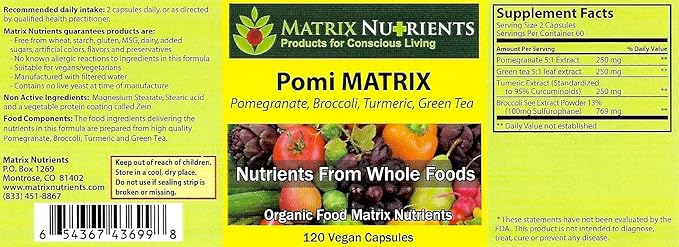 POMI Matrix - 10 Times Stronger Than the Competition! - Lower PSA Levels for Healthy Prostate - 100% Organic - Ingredients: Pomegranate Green Tea Turmeric Broccoli - Vegan Capsules (120ct)