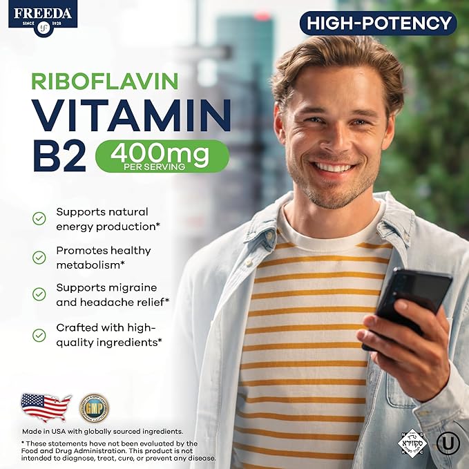 FREEDA Vitamin B2 400 mg Supplement with Riboflavin-5-Phosphate – High Potency B2 Vitamins Riboflavin 400mg per Serving for Energy Metabolism &amp Nervous System – Vegan VIT B 2 Small Tablets (60 C