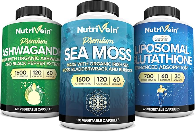 Nutrivein Premium Irish Sea Moss Capsules Ashwagandha and Liposomal Glutathione Supplement Bundle: Sea Moss Reduced Glutathione &amp Ashwagandha Supplements for Immunity Mood Digestion &amp D