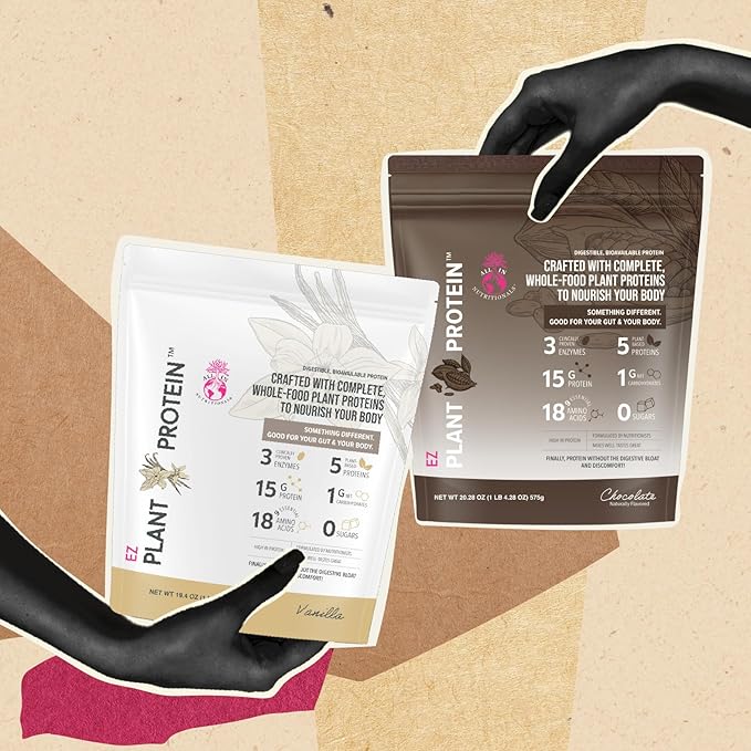 All In Nutritionals EZ Plant Protein Vegan Keto-Friendly Dairy-Free Soy-Free Gluten-Free in Chocolate Blend of Rice Peas Sacha Inchi and Pumpkin Seeds - NO Bloat - with Digestive Enzymes