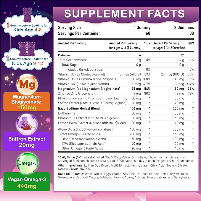 Magnesium Gummies for Kids - Magnesium Glycinate Chewable Supplement with L-Theanine Vitamin B6 Phosphatidyiserine and Omega for Kids Natural Zzz Development &amp Overall Health - Sugar Free &amp