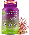 Plant-Based Calcium 500mg (Aquamin) – Vegan Calcium Magnesium Zinc D3 with Vitamin K2 &amp Organic Turmeric – Enhanced Bone and Muscle Health &amp Strength Immune Support for Women &amp Men - 180