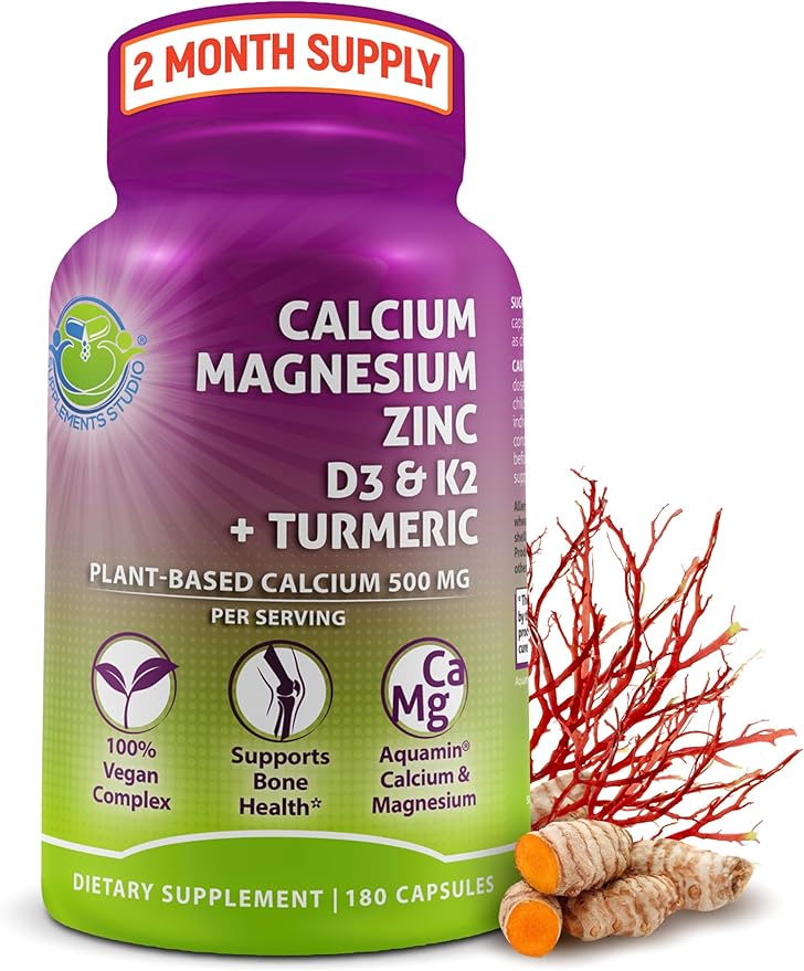 Plant-Based Calcium 500mg (Aquamin) – Vegan Calcium Magnesium Zinc D3 with Vitamin K2 &amp Organic Turmeric – Enhanced Bone and Muscle Health &amp Strength Immune Support for Women &amp Men - 180