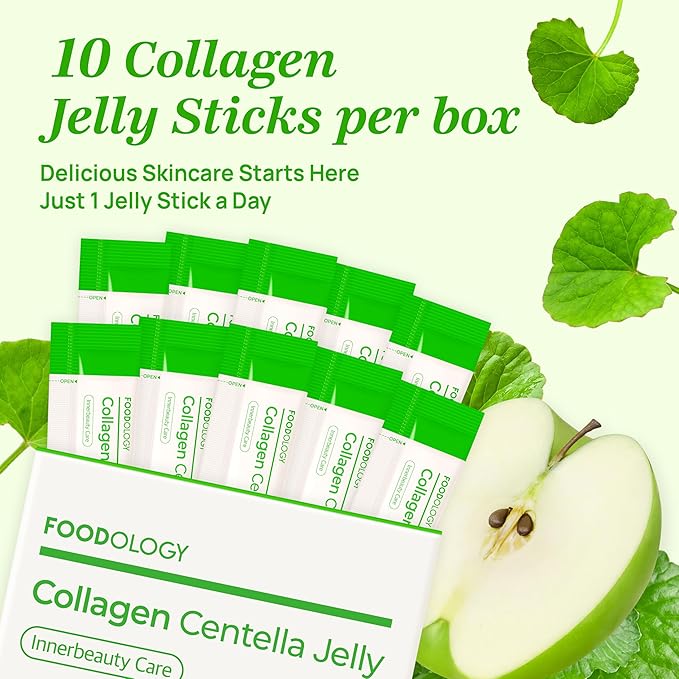 FOODOLOGY Collagen Centella Jelly (Green Apple) – Collagen Peptide with PDRN – Biotin Vitamin A &amp E for Skin Glow Hair &amp Nails – Korean Beauty Supplement – 10 Sticks