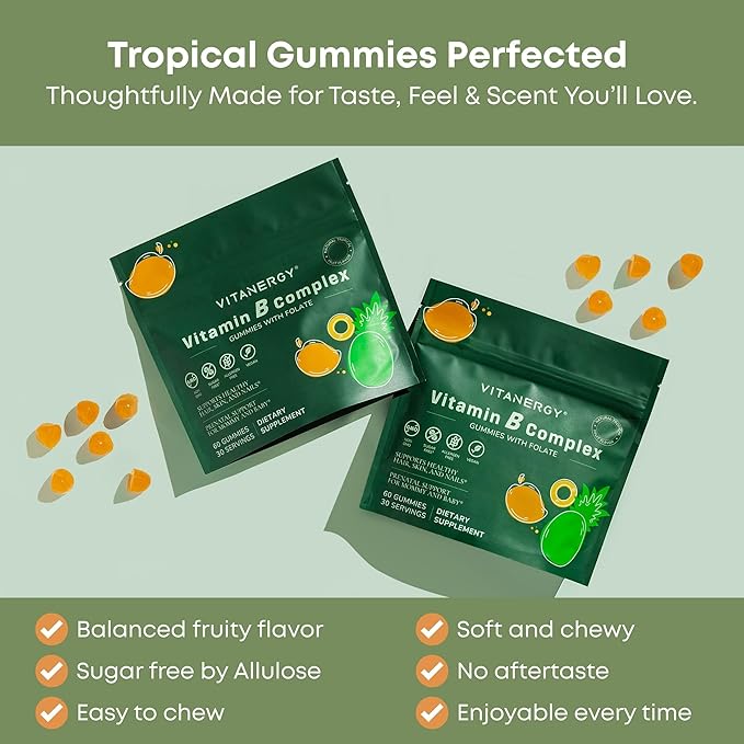 Vitamin B Complex Gummies for Women - 7 Essential Vitamins and Iron Energy Immune Prenatal Support Portable Pouch Tropical Flavor Made in USA 60 Count