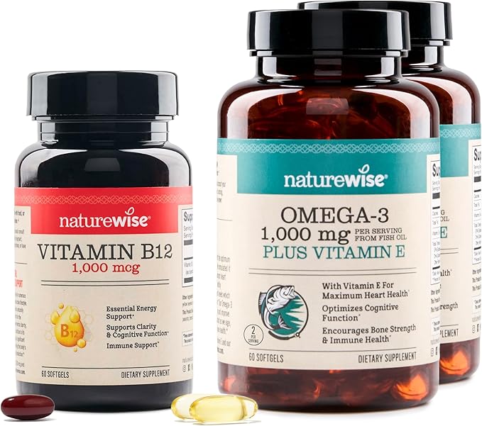 NatureWise [1] Vitamin B12 1000 mcg - Gluten-Free Non-GMO - 60 Softgels[60-Day Supply] + (Pack of 2) Omega 3 Fish Oil 1000mg + Vitamin E - Wild-Caught - 60 Softgels[30-Day Supply]