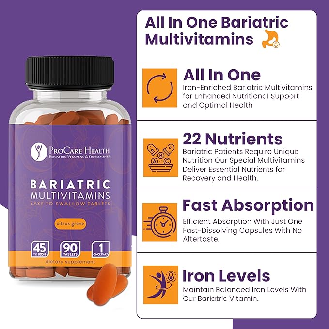 ProCare Health Bariatric Multivitamin with Iron 45mg (90 Easy to Swallow Tablets) - Post Op Bariatric Vitamins for Gastric Bypass Pills for Sleeve Patients Sustains Recovery &amp Energy (3 Month Sup