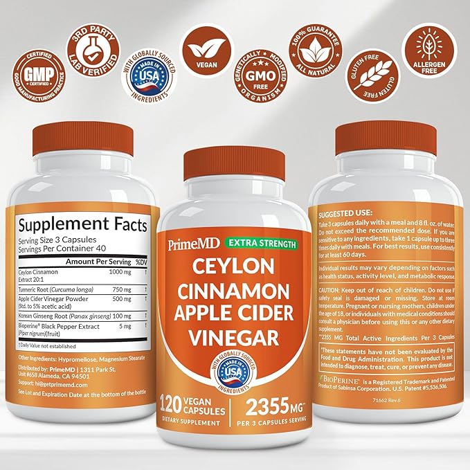 5-in-1 Ceylon Cinnamon Powder Extra Strength – Organic Ceylon Cinnamon Capsules with Turmeric Apple Cider Vinegar Korean Ginseng &amp BioPerine for Metabolism &amp Energy Support Pills (120 Ct 2