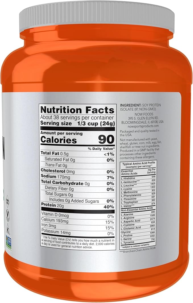 NOW Foods Sports Nutrition Soy Protein Isolate 20 g 0 Carbs Unflavored Powder 2-Pound