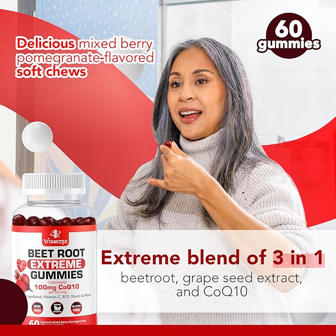 Extreme Beetroot Formula &amp COQ10 100mg with Grape Seed Extract for Circulation Energy &amp Flow Beet Root Gummies Extract Gluten Free 60