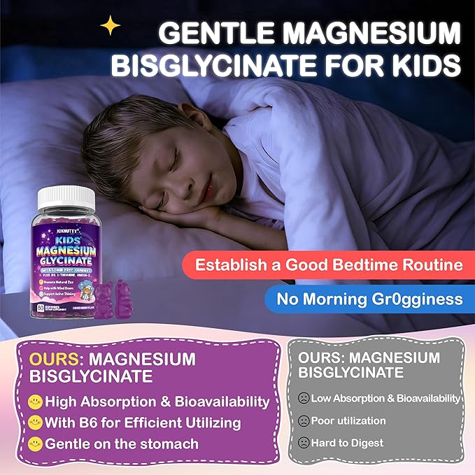 Magnesium Gummies for Kids - Magnesium Glycinate Chewable Supplement with L-Theanine Vitamin B6 Phosphatidyiserine and Omega for Kids Natural Zzz Development &amp Overall Health - Sugar Free &amp