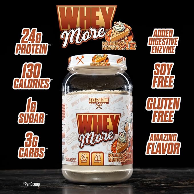 Axe &amp Sledge WHEY More Premium Protein Blend | 24g Protein Whey Concentrate &amp Isolate | Prebiotic Fiber for Enhanced Absorption | Creamy Delicious Versatile | 30 Servings Peanut Butter Pie