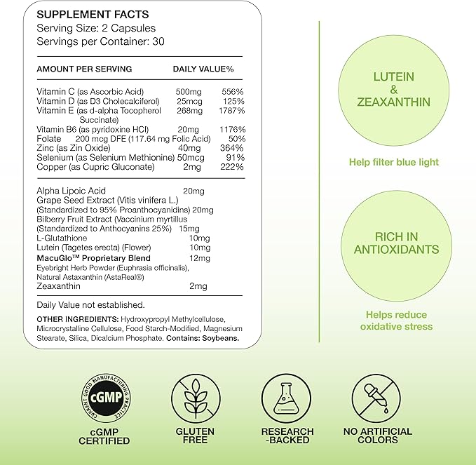 EyeScience Macular Health Formula Advanced Ocular Vitamin - Containing Lutein Zeaxanthin Billberry &amp Vitamins C D E &amp B6 (30 Day Supply) - 60 Capsules