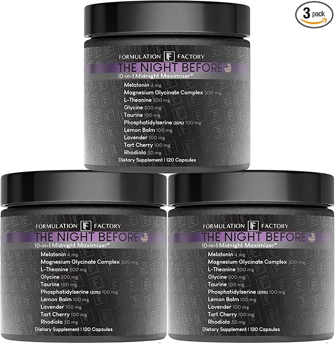 Formulation Factory 10-in1 Magnesium Glycinate Sleep Aid - The Night Before Recovery Complex with Melatonin &amp L-Theanine - Natural Relaxation Support (6 Month Supply 360 Capsules)